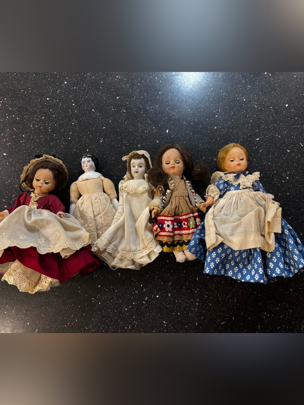 Lot of 5 Vintage Cloth,plastic & Porcelain Dolls - Mixed Colors